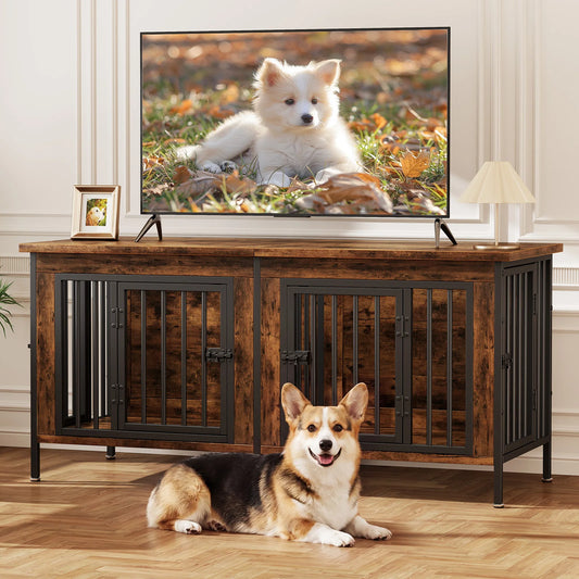 54-Inch Double Door Wooden Dog Cage with Divider Heavy-Duty Extra Large Pet Kennel for Indoor Outdoor Dog Kennel Furniture