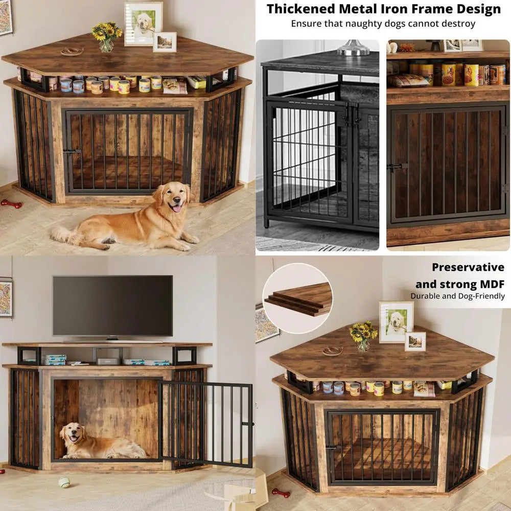 51" Wide Corner Wooden Dog Crate Furniture with 2-Tier Shelves, Pet Kennel for Large Dogs, Space-Saving Dog Cage for TV Stand,