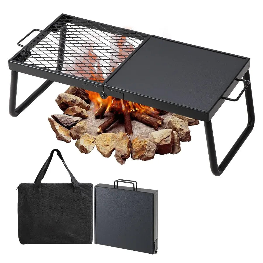 Folding Campfire Grill Heavy Duty Steel Mesh Grate 22.4 Portable Camping Grates Over Fire Pit Campfire Cooking Equipment with Handles