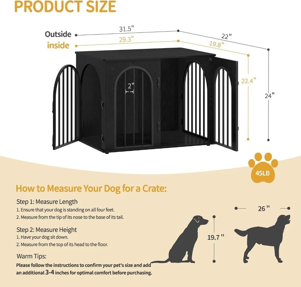 31.5" Wooden Dog Crate Furniture, Indoor Kennel for Small/Medium Dogs, Heavy Duty Pet House End Side Table TV Stand, Black