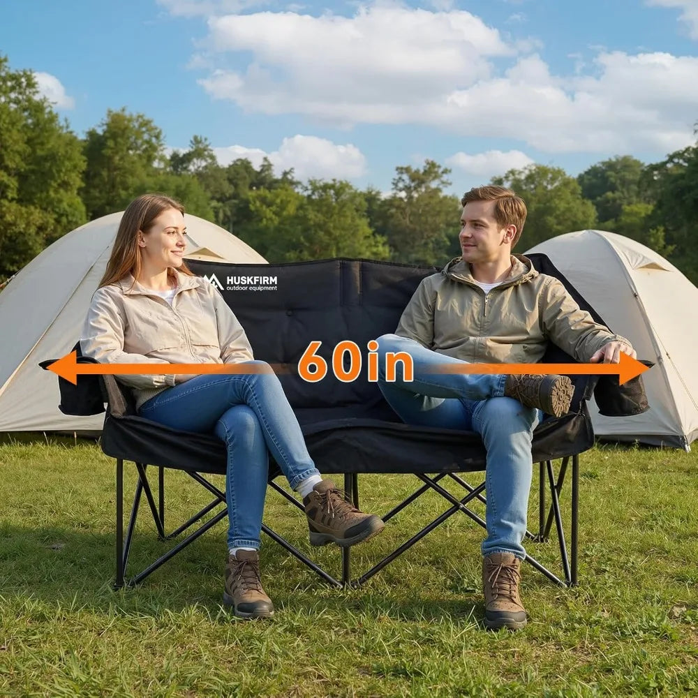 Double Camping Chair Heavy Duty 2 Person Padded with Cup Holders Support 800LBS Black