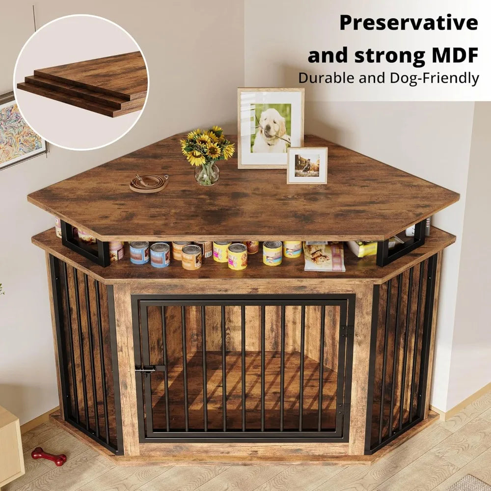 51" Wide Corner Wooden Dog Crate Furniture with 2-Tier Shelves, Pet Kennel for Large Dogs, Space-Saving Dog Cage for TV Stand,