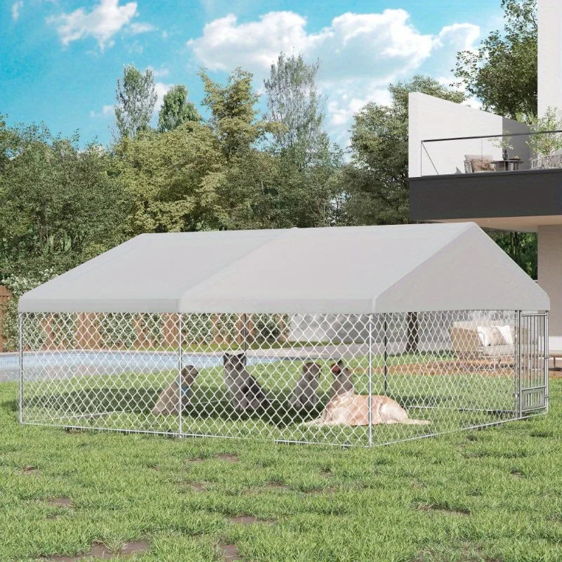 13'x 13' Large Outdoor Dog Kennel – Heavy Duty Metal Kennel with Waterproof Cover, Rotating Feeder & Lockable Door