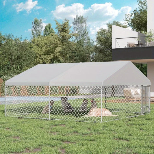 13'x 13' Large Outdoor Dog Kennel – Heavy Duty Metal Kennel with Waterproof Cover, Rotating Feeder & Lockable Door