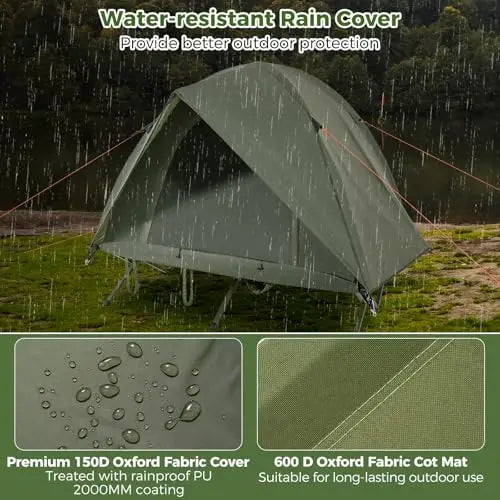 Elevated 2-Person Camping Tent With Integrated Cot, Removable Rainfly, Sturdy Metal Frame, Non-Slip Pads, Wind Ropes And Stakes