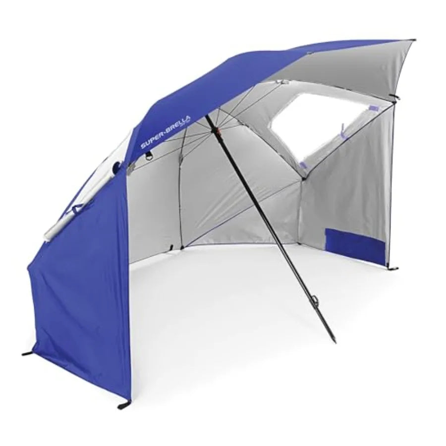 Beach Shelter Umbrella for Sun and Rain Protection, Polyester Fabric in Navy Blue, UPF 50+ UV Resistance, Wind Flaps