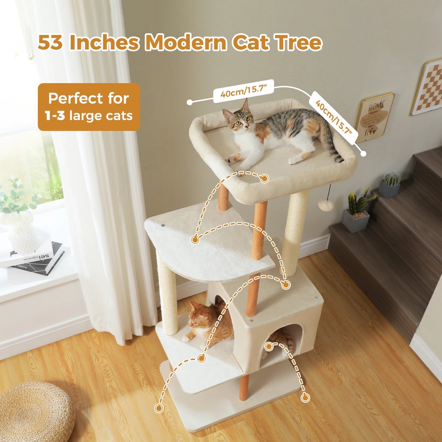 Modern Cat Tree for Indoor Cats, Multi-Level Cat Tree with Lage Cat Condo, Sisal Scratching Posts, Natural Wood Posts, Soft Bed