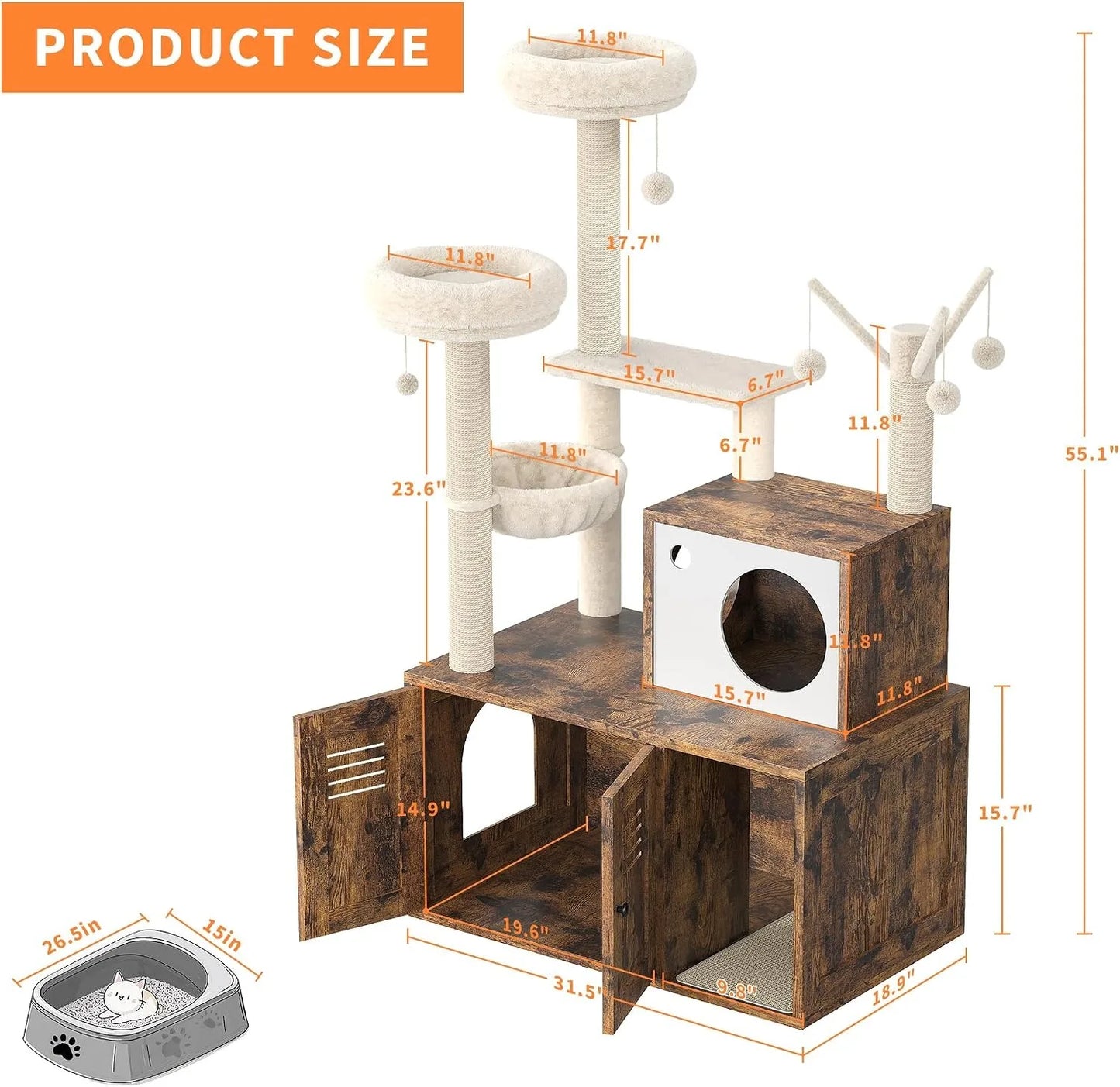 Cat Tower with Litter Box Enclosure, 2-in-1 Modern Cat Tree, 55.1-Inch Cat Condo with Scratching Posts, Hidden Litter Cabinet, Hammock & Perches, Engineered Wood, Indoor Use