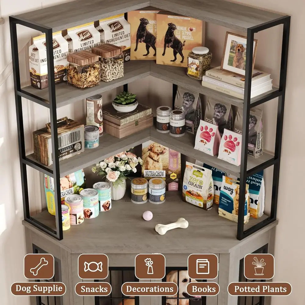 Stylish Indoor Dog Crate with Storage, Double Locks, 4-Tier Shelves for Medium to Large Dogs
