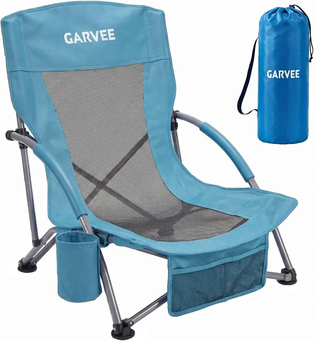 High Back Beach Chair, Folding Beach Chairs, Extra Wide Seat Chair with Cup Holder, Storage Pocket & Carry Bag for Camping Travel