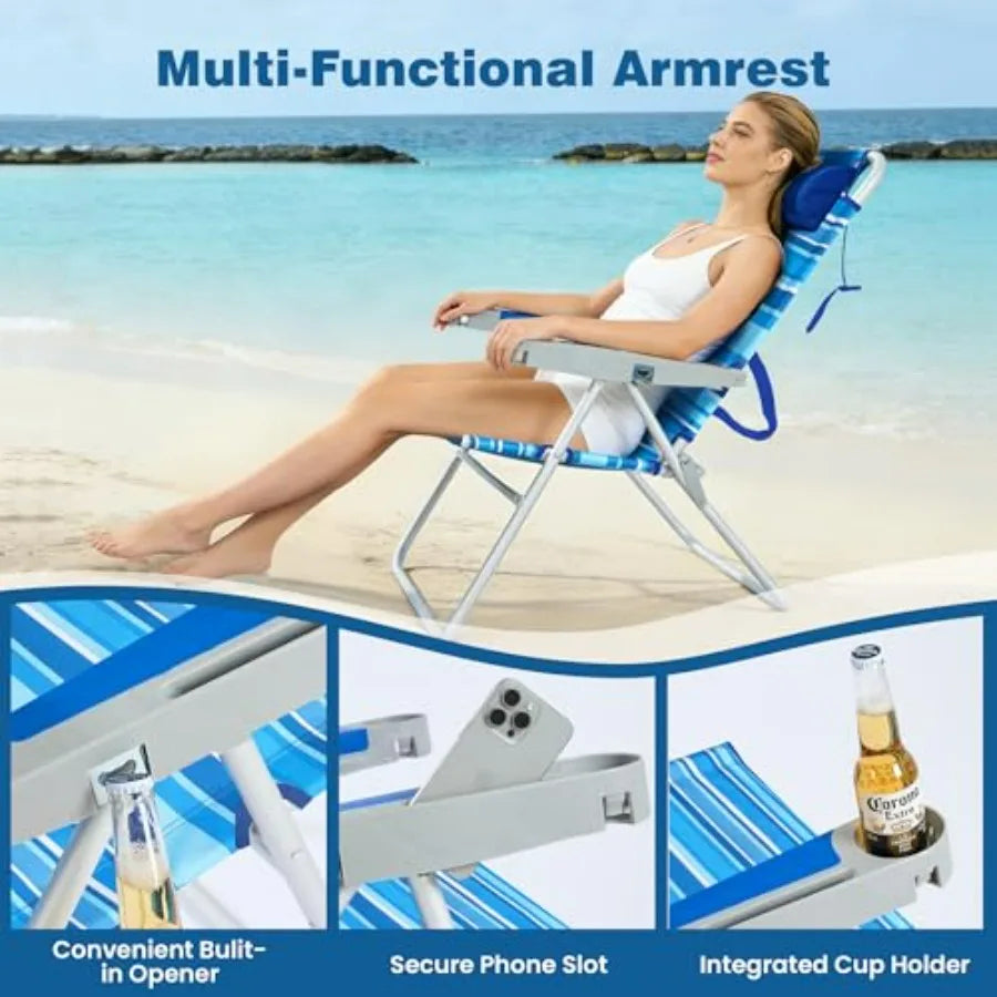 Outdoor Folding Beach Chair for Adults: Lightweight Aluminum Frame, Black Color, Supports 500 LBS With Cup Holders and High Back