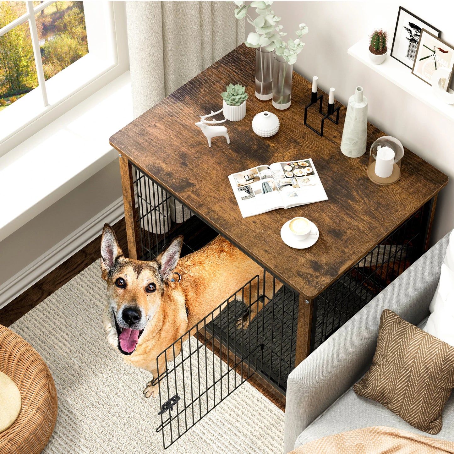 Spacious Brown Wooden Dog Cage End Table Pet Kennel Crate Indoor Furniture for Medium to Large Dogs Animal Cage