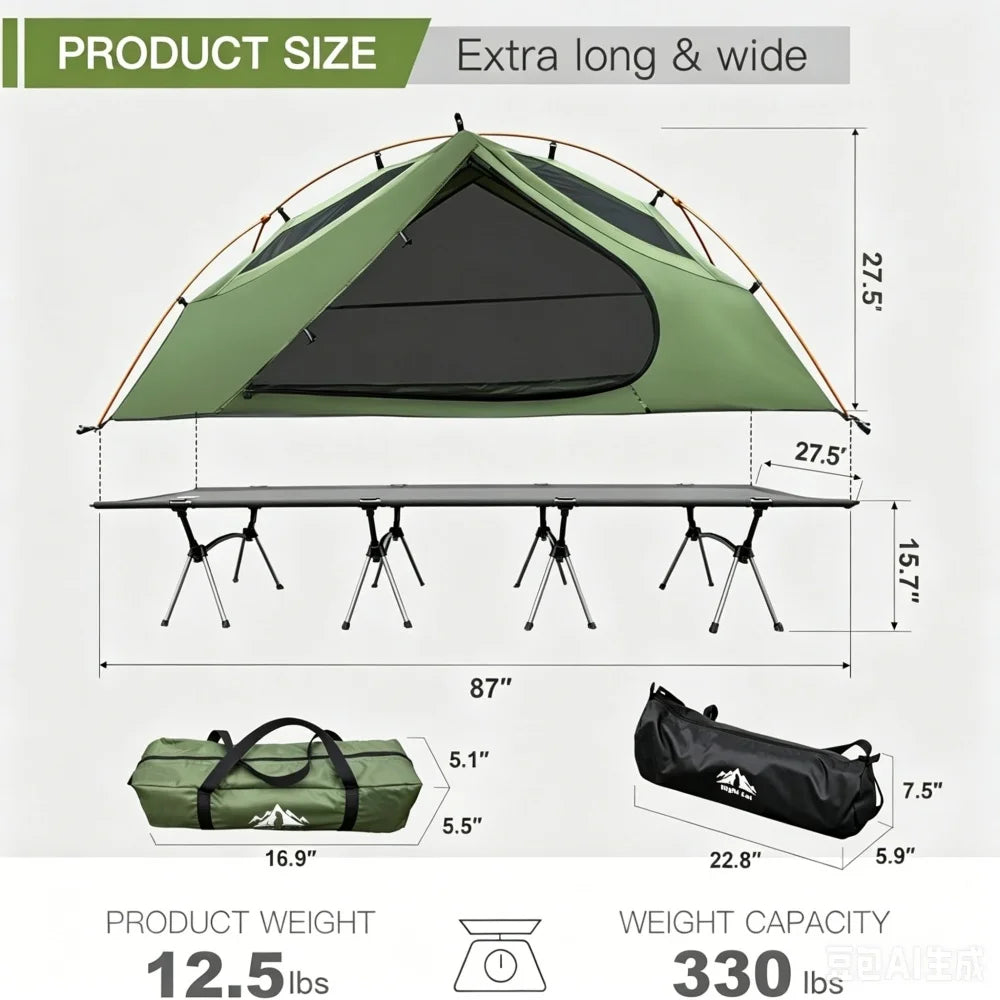 Camping Cot Tent - Waterproof 1-Person Off-Ground Combo Cot Bed for Adults Outdoor Camping Fishing Hunting Portable Easy Set-up Tent