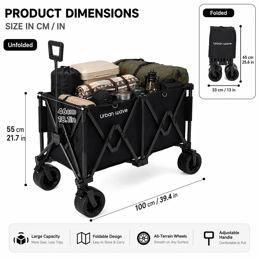 Heavy-Duty Folding Beach Cart - 680 LBS Capacity, LargeAll-Terrain Sand Wheels, Cup Holder, 360° Maneuverability -Ideal for Camping, Gardening, Outdoor Sports Equipment Transport