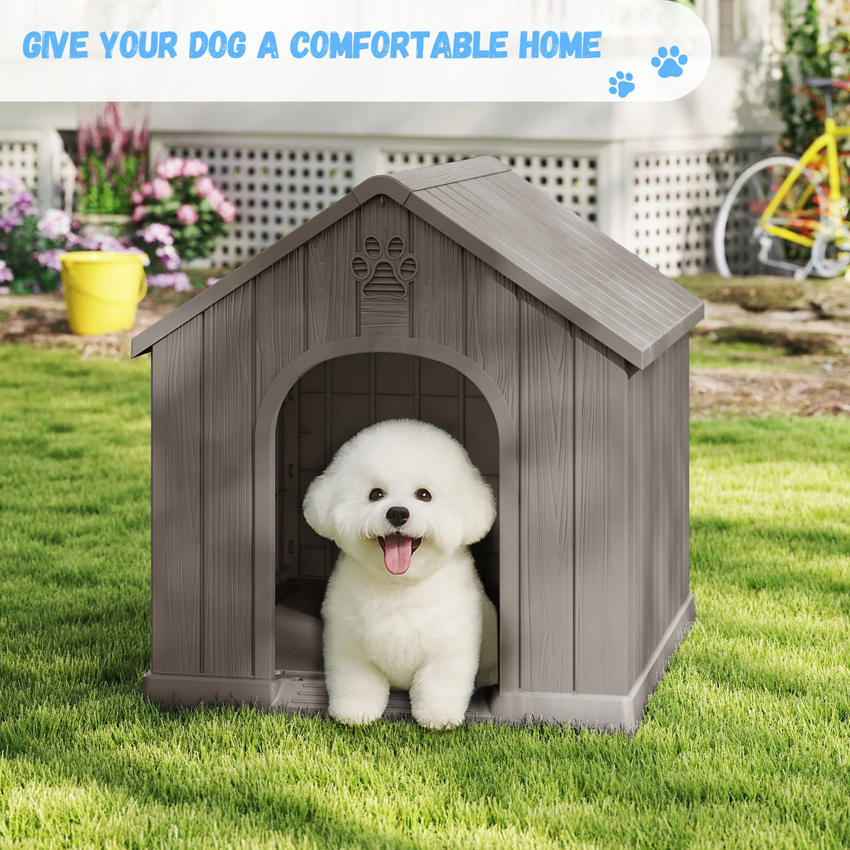 Outdoor Weather‑Resistant Plastic Dog House, Waterproof Ventilated Dog Kennel with Decorative Door Pattern for Backyard Garden Patio