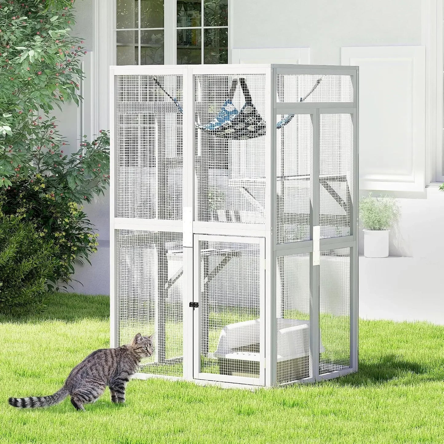 Wooden Catio Outdoor Cat Enclosure with Window Access & Mesh, Weatherproof Kitty House for Patio/Backyard (White)