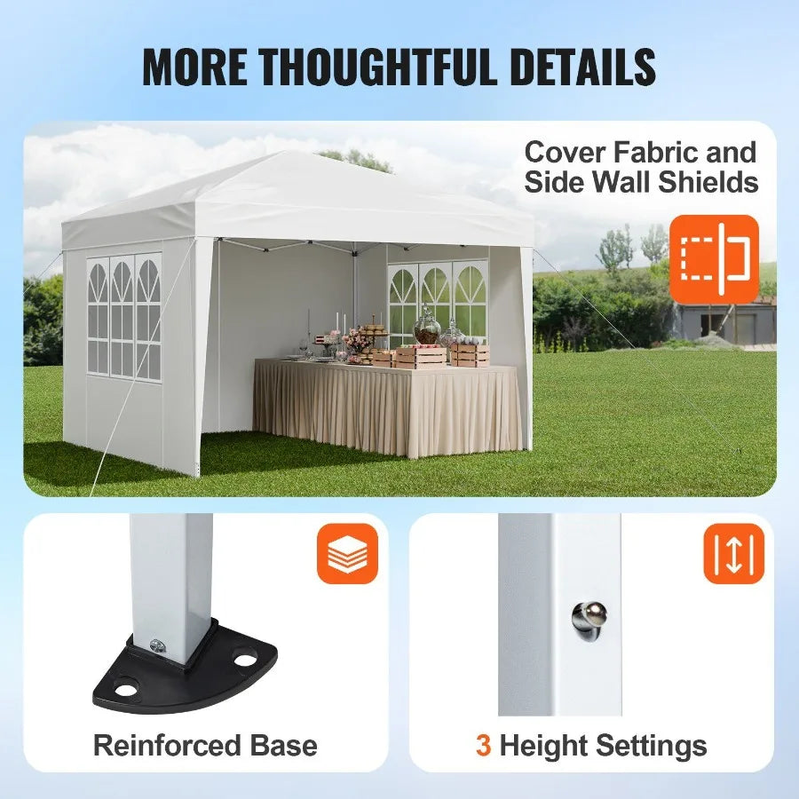 10 x 10 FT Pop Up Canopy Portable Gazebo with 3 Sidewalls and 2 Ventilated Windows Height Adjustable Outdoor Shelter Tent in White
