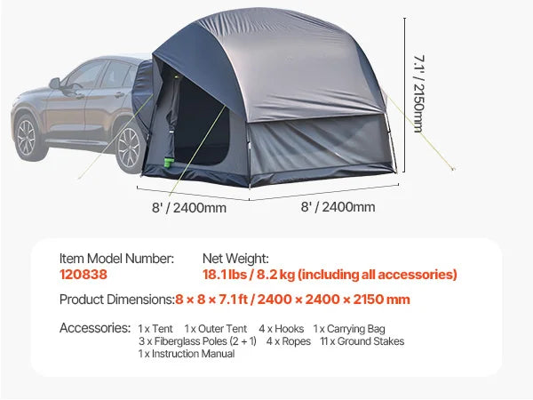 SUV Tent for Camping Waterproof PU2000mm Spacious Double Layer Design SUV Camping Tent with Shade Awning, Mesh Windows