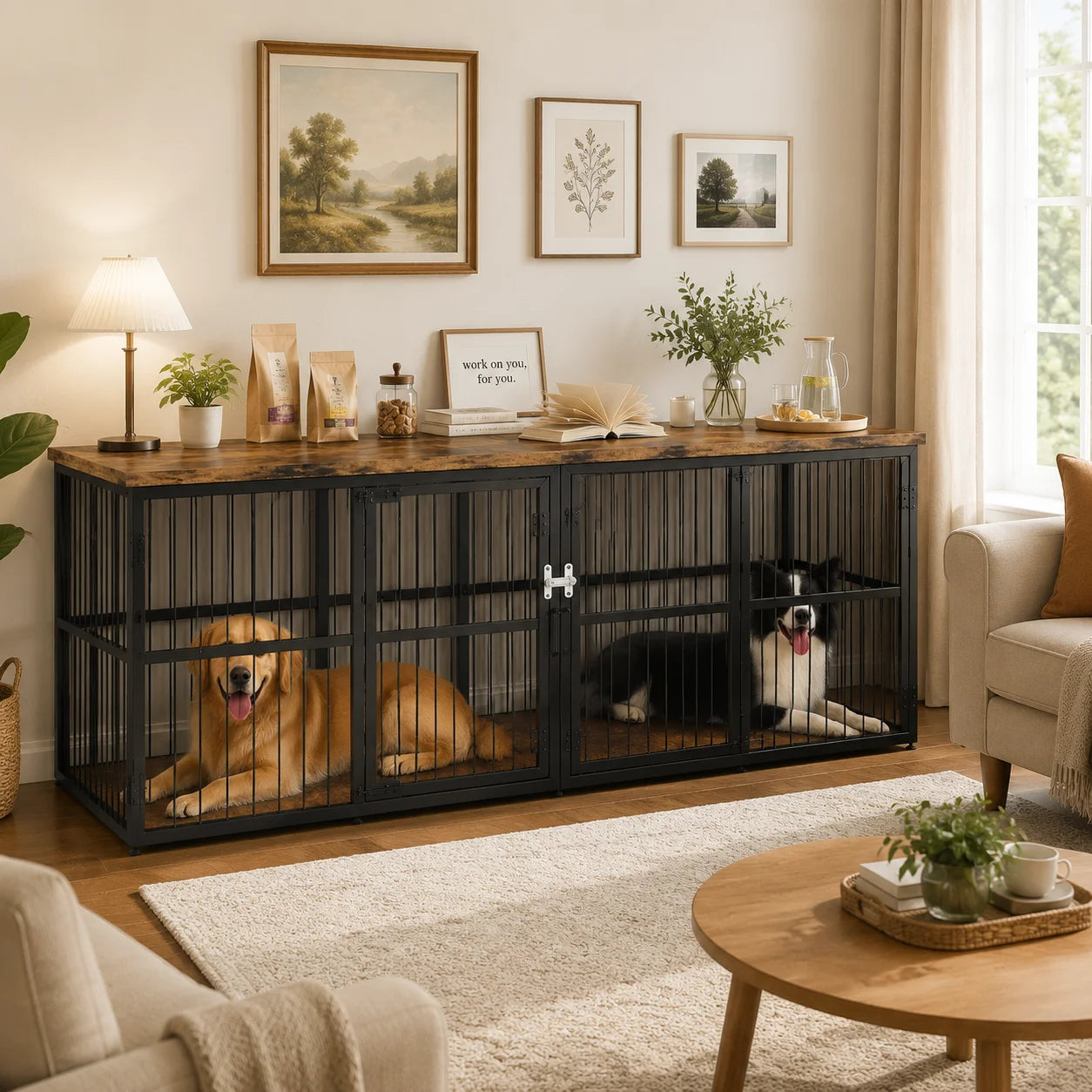87 Inch Extra Large Double Dog Crate Furniture with Divider 3 Doors Heavy Duty Wooden Indoor Dog Kennel Cabinet TV Stand for 2 Dogs Lockable Pet House with Storage Table