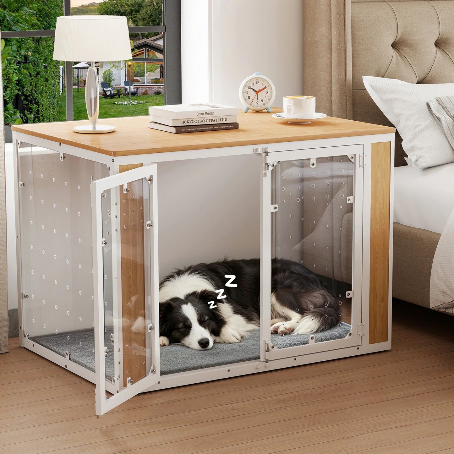 Modern Acrylic Dog Crate Furniture with Wood Top,Indoor Dog Crate Furniture Style End Table, Chew-Proof Breathable Pet Kennel with Double Doors, Stylish Indoor Dog House End Table for Medium to Large Dogs, (Suitable for 20-90lbs)
