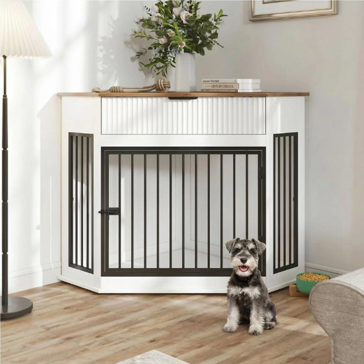 44.6'' Corner Dog Crate Furniture with Fluted Storage Drawer, Wooden Dog Kennel End Table for TV Stand, Decorative Pet Crate