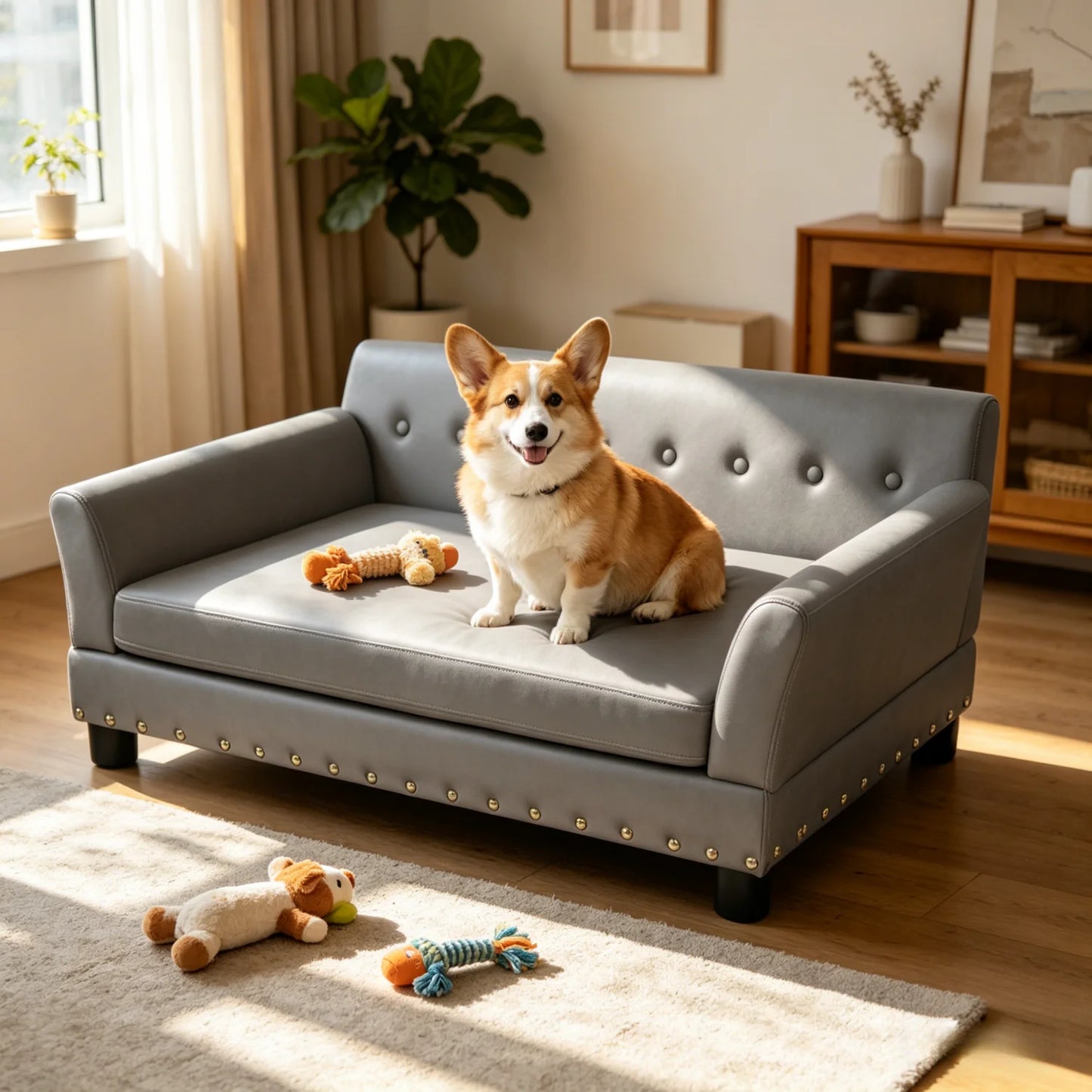 Elevated Dog Sofa for Medium to Large Dogs Couch Bed Microfiber Leather Cover Pet Snuggle Lounge Chair with Removable Cushion