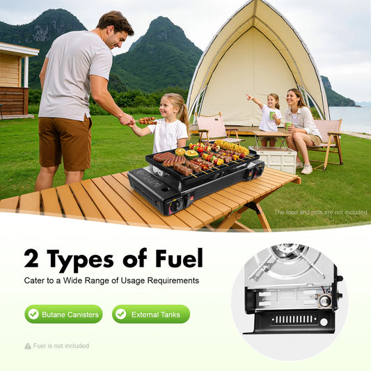 Camping Stove Propane Gas Stove Dual Burner Griddle Outdoor BBQ High Power 2100-2500W Low Gas Consumption 0.22lb/h Cast Iron Stainless Steel Aluminum Anti-Rust Easy Clean Oil Drip Tray Durable