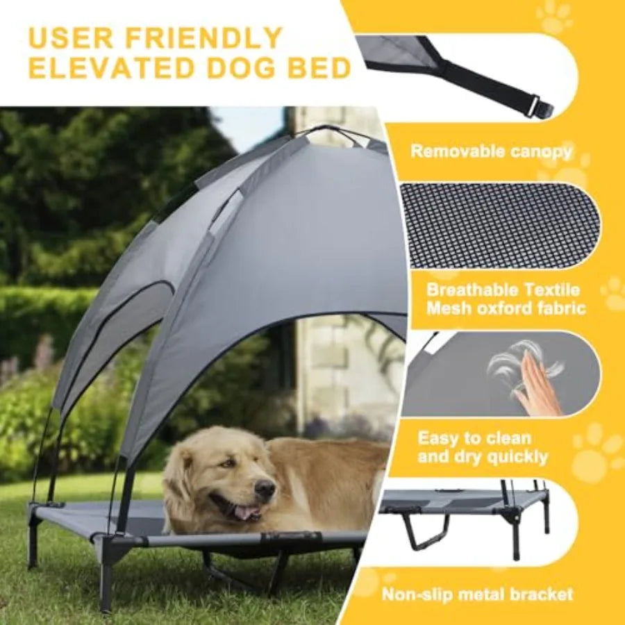Elevated Dog Bed with Canopy 48-inch Waterproof Pet Cot Portable Outdoor Pet Bed with Carry Bag Indoor/Outdoor Cooling Canopy