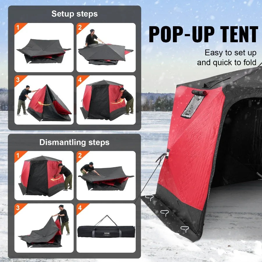 Portable Ice Shelter 4-6 Person Insulated Pop-Up Ice Fishing Tent 50 Square Feet Fishable Area Thermal Ice Shanty for Winter Fishing