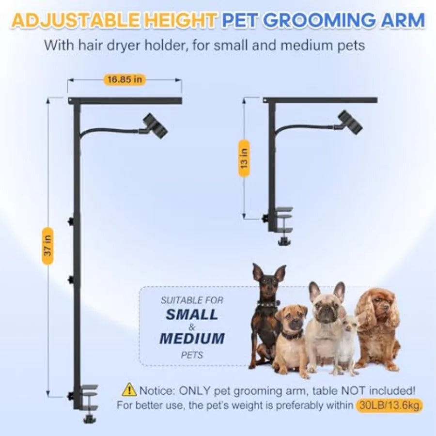 Dog Grooming Arm with Hair Dryer Stand Adjustable 37'' Dog Grooming Table Arm with Clamp and Dogs Restraints for Grooming Small Dogs