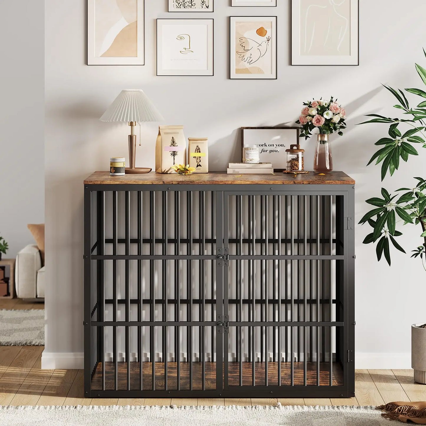 46.5" 3-in-1 Dog Crate Furniture Wooden Dog Kennel with 3 Lockable Doors Heavy Duty Metal Frame End Table For Medium Large Pet