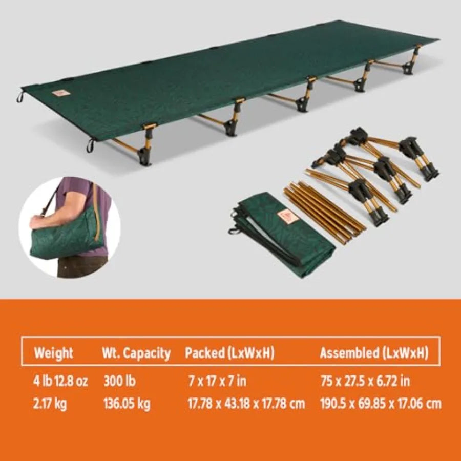 Lowdown Camping Cot for Tent and Car Camping, Aluminum Frame, Fern Green, Lightweight and Compact Carry Size