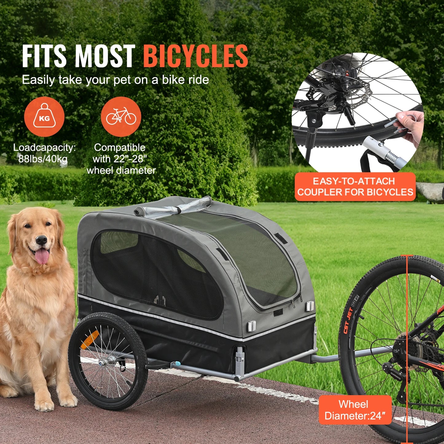 88lbs Dog Bike Trailer Pet Cart Bicycle Carrier With Wheels Coupler Reflectors Flag Collapsible to Store for Dogs