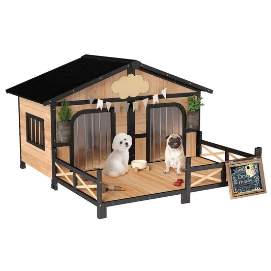 Dog House Outdoor, Wooden Dog Kennel Weatherproof with Porch, Openable Roof, Removable Bottom, Elevated Floor, Double Room for Two Pets