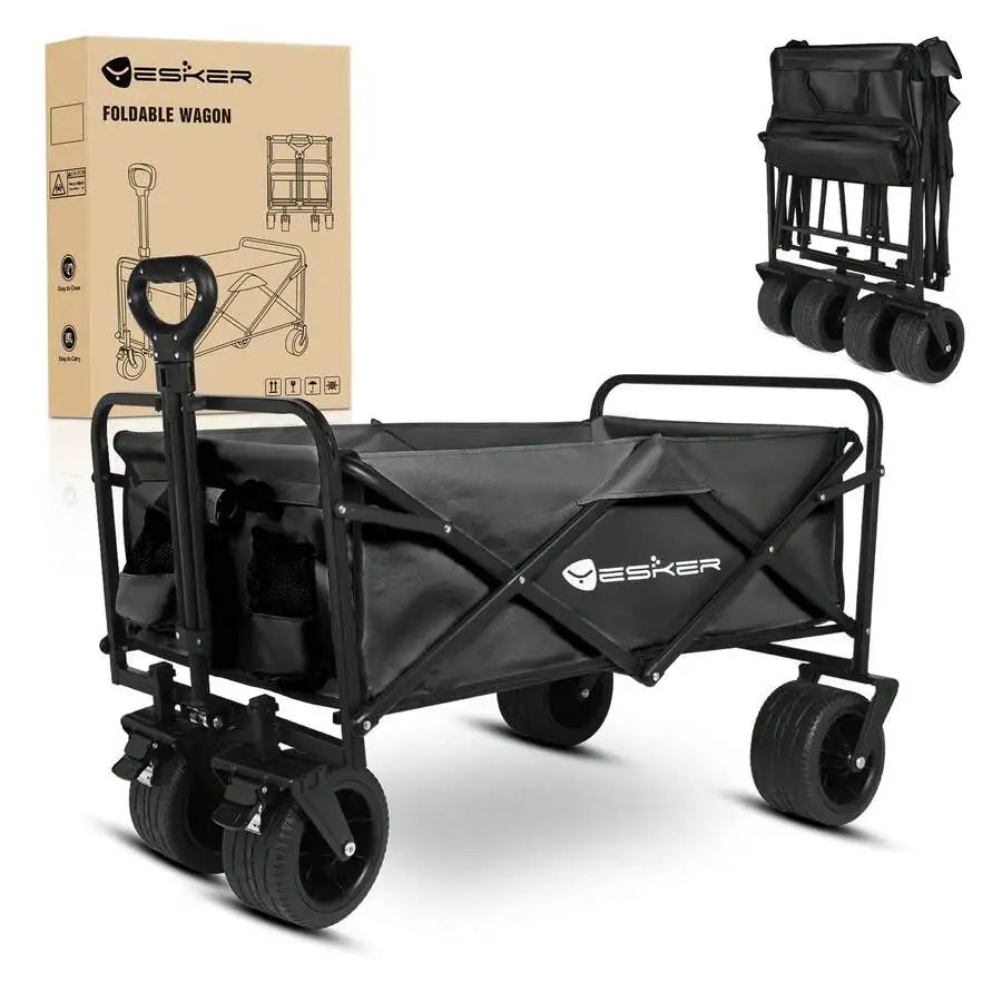 Portable Folding Outdoor Food Truck Collapsible Wagon Cart, 360° All-Terrain Wheels Drink Holders Large Capacity  For Camping