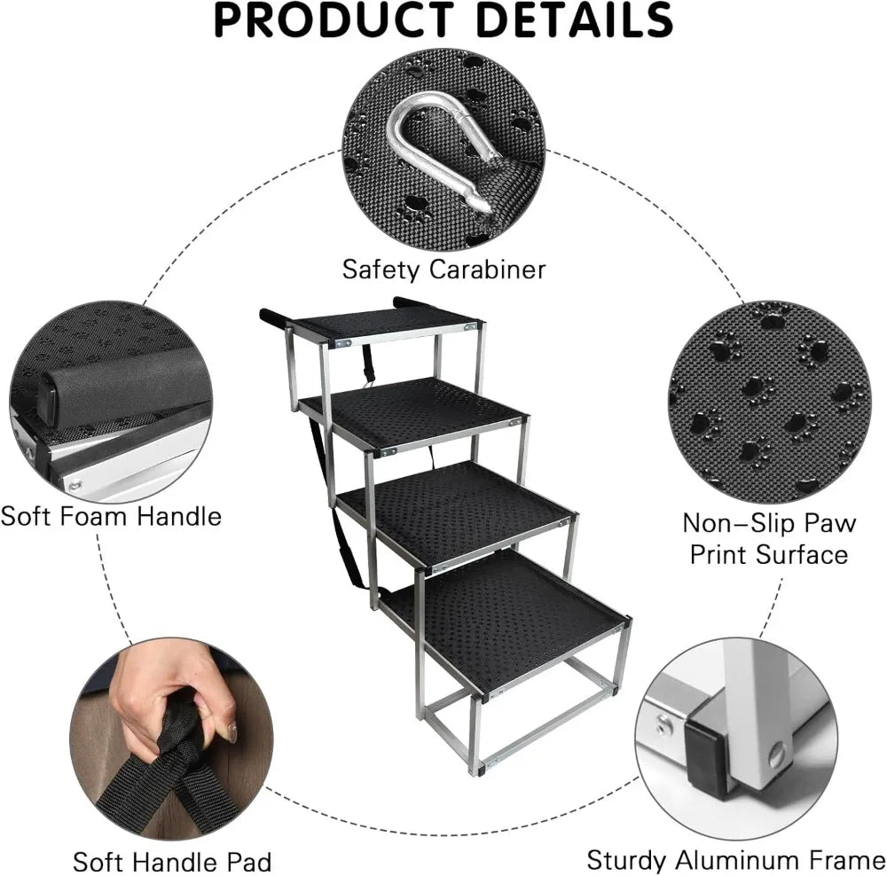 4-Step Folding Dog Stairs for Car, Aluminum, Supports Up to 250 Lbs