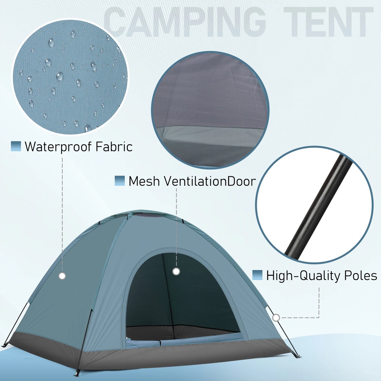 3/4 Person Camping Dome Tent Waterproof UV Proof 180T Silver Coated Polyester Fiberglass Poles Portable Carrying Bag for Outdoor