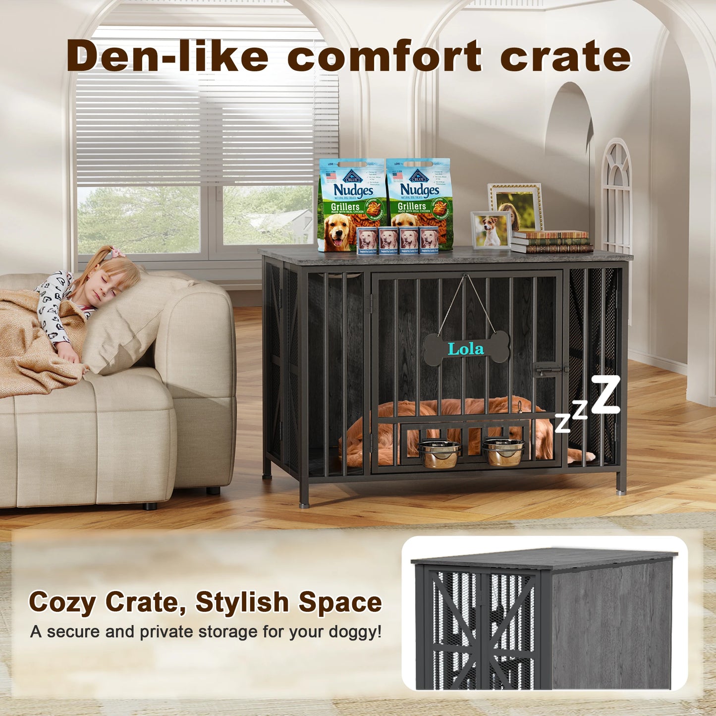 Foldable Large Dog Crate Furniture,31"/41.3"Assembly-Free Dog Crates for Large Dogs, Wooden Dog Kennel Indoor w/ Tag & Dog Bowls