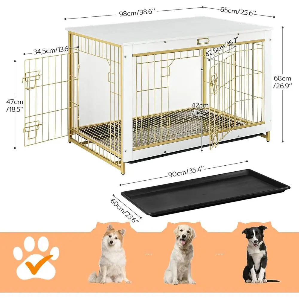 Dog Crate Furniture, 38.6" Large Dog Kennel Indoor, Wooden Cage with Pull-Out Tray, Double Doors Pet House Side End Table for Large Dog