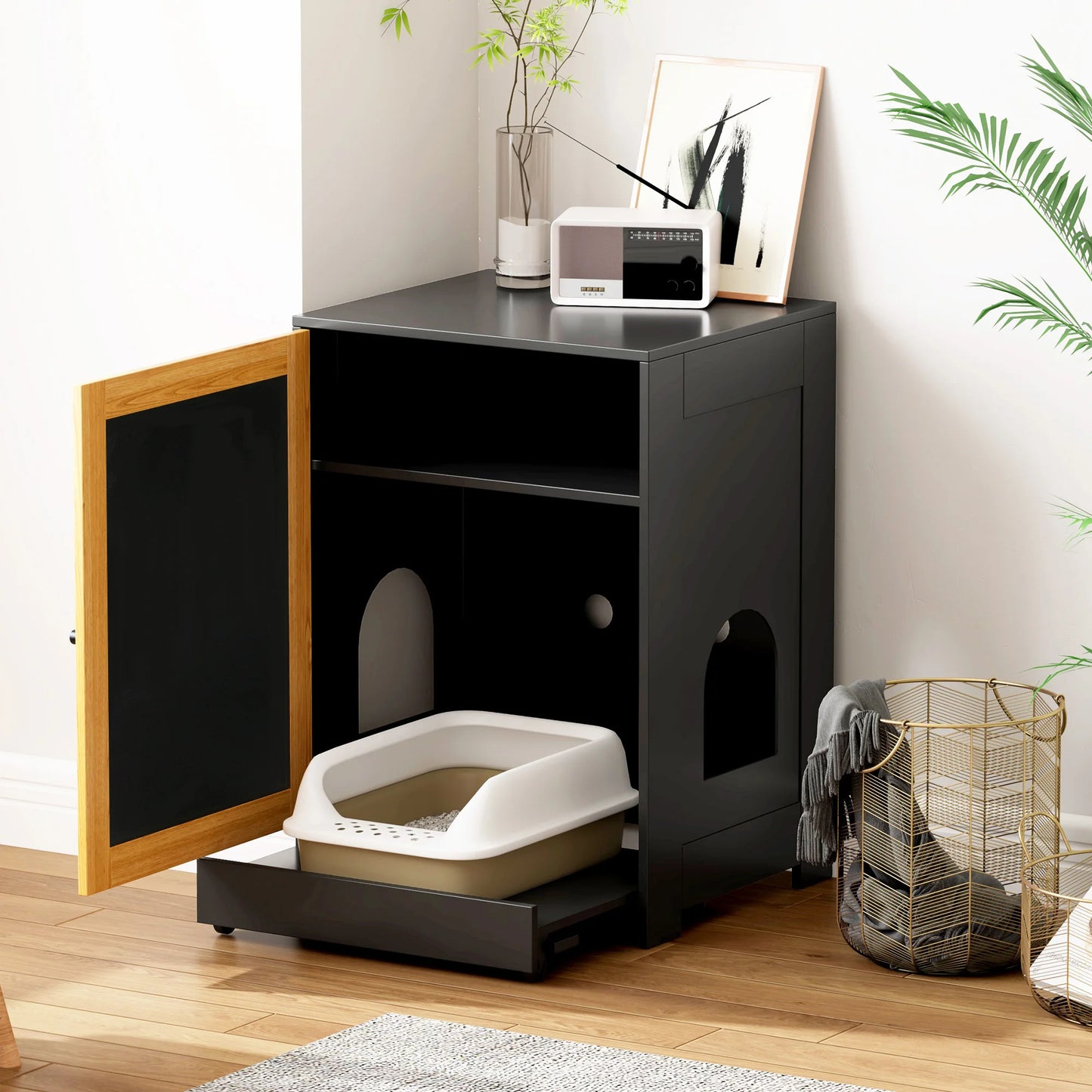 Black Cat Litter Box Enclosure, Hidden Litter Cabinet with Sisal Door, Multi-Functional Kitty End Table