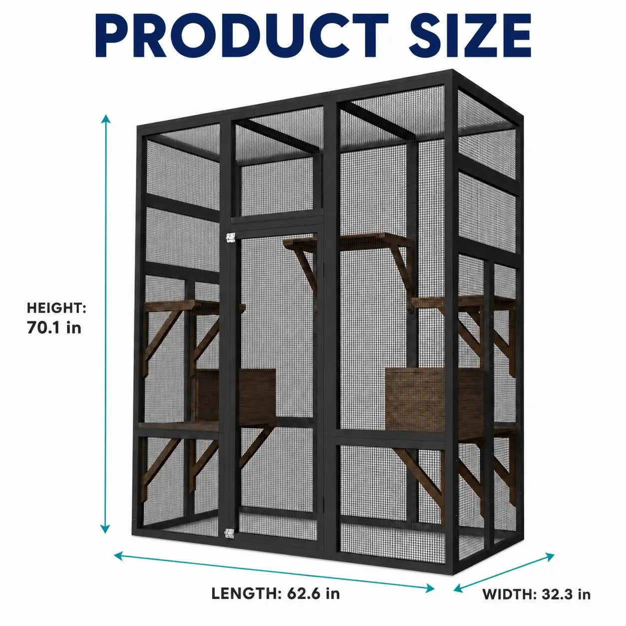 70in Outdoor Catio Cat Enclosure, Large Wooden Cat House With Waterproof UV Roof, 5 Platforms 2 Rest Boxes For Patio Backyard Cats