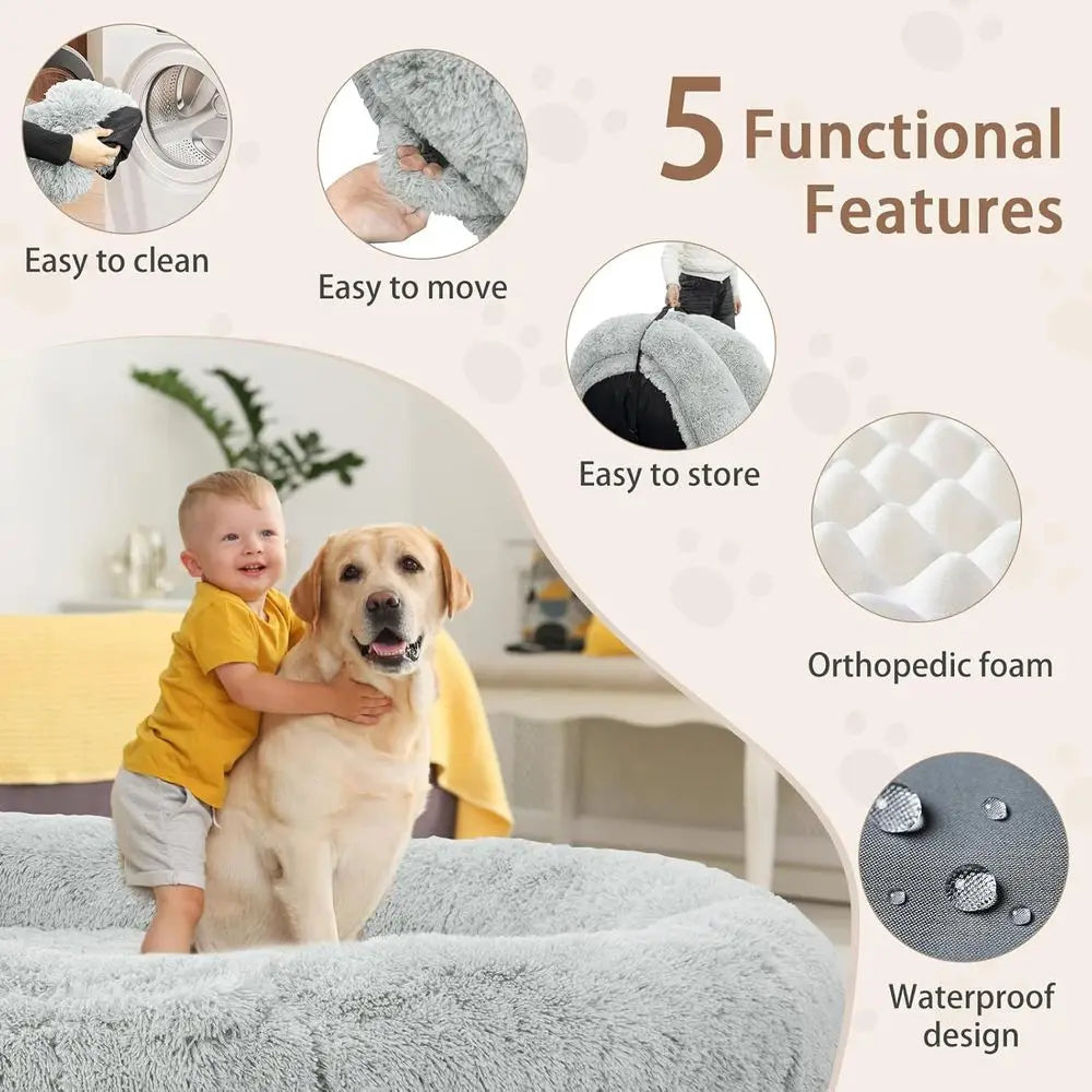 Oversized 71" x 45" x 12" Grey Memory Foam Dog Bed with Pillow, Blanket & Strap for Adults and Large Pets, Customized