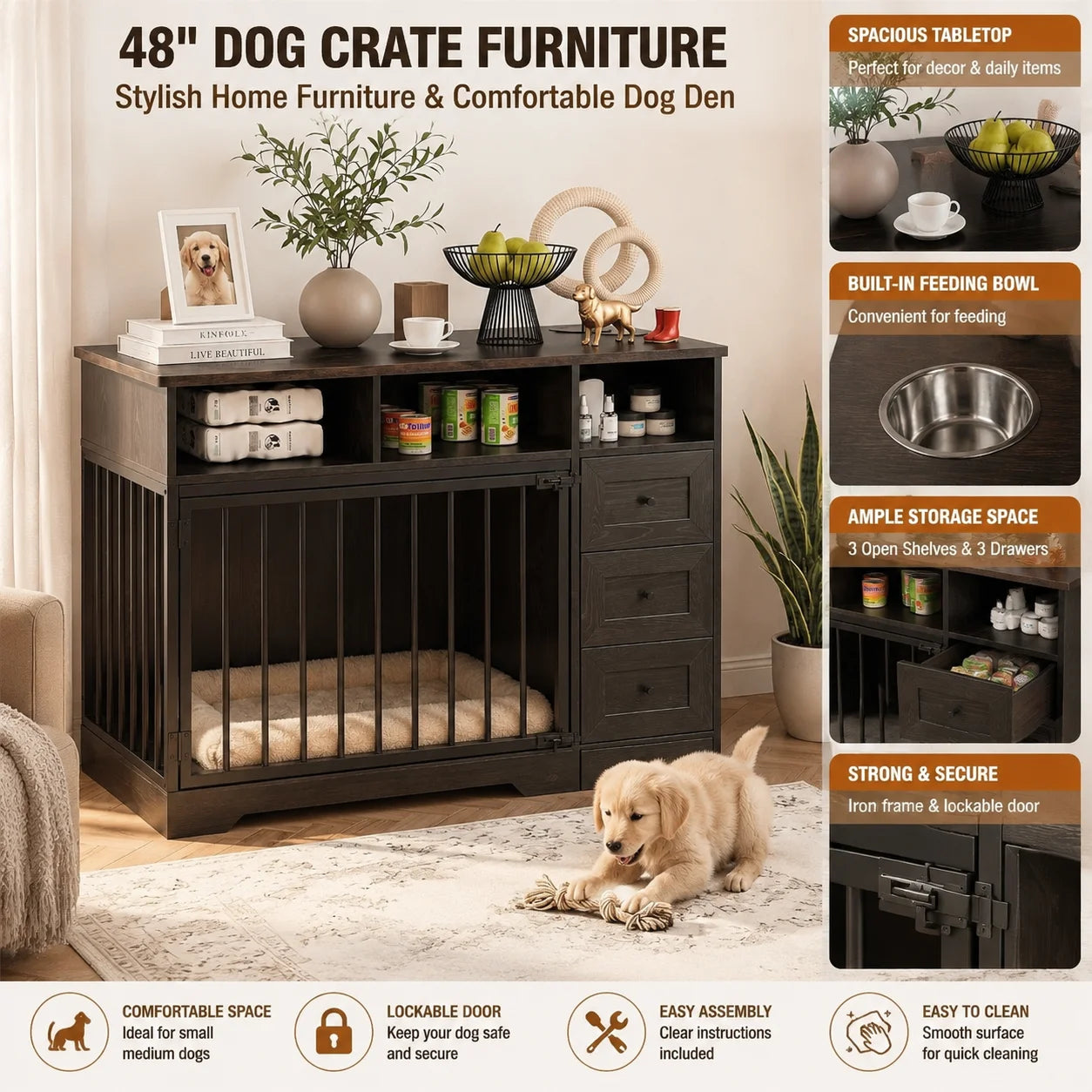 48 Inch Dog Crate Furniture with Feeding Bowl Storage Drawers Heavy Duty Wooden Dog Kennel Cabinet Lockable Indoor Pet Cage Table for Small Medium Dogs Living Room Bedroom Office