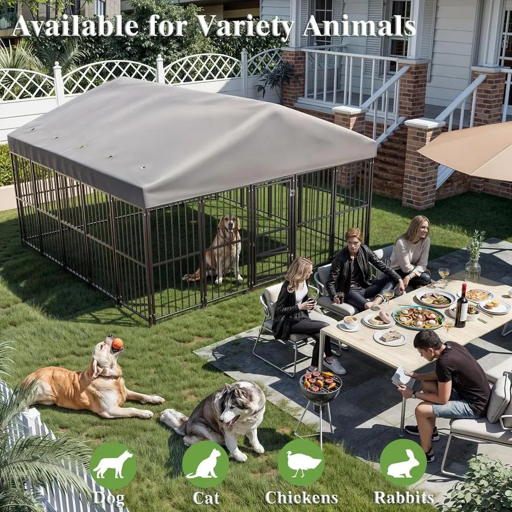 Durable 10 FT x 10 FT Outdoor Dog Kennel with Feeding Door, Roof, and Double Safety Locks