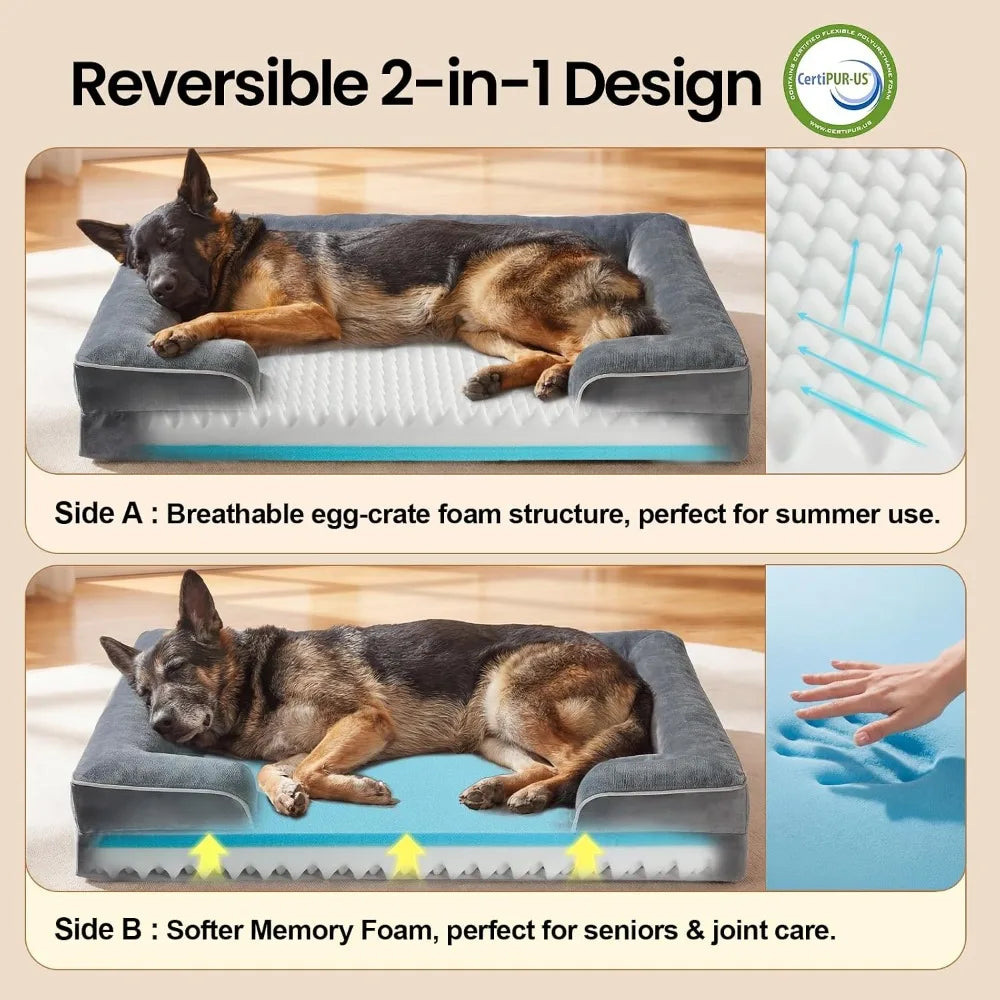 Orthopedic Dog Bed Couch with Memory Foam, Waterproof Cover, 44in Gray for Large Pets