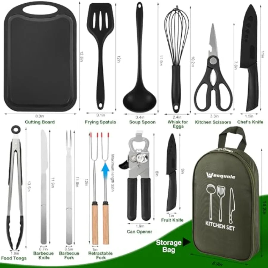 Camping Essentials Cookware Cooking Utensils Set - Portable Camp Kitchen Mess Kit Outdoor Accessories, Stainless Steel and Silicone