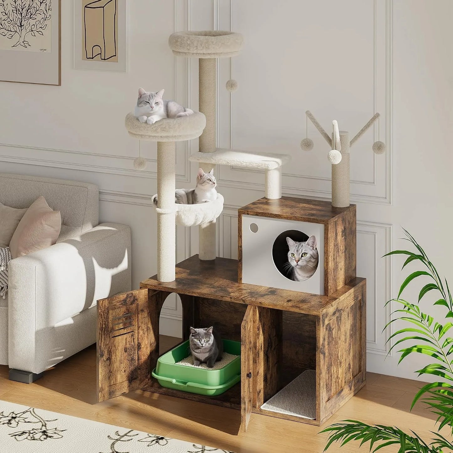 Cat Tower with Litter Box Enclosure, 2-in-1 Modern Cat Tree, 55.1-Inch Cat Condo with Scratching Posts, Hidden Litter Cabinet, Hammock & Perches, Engineered Wood, Indoor Use