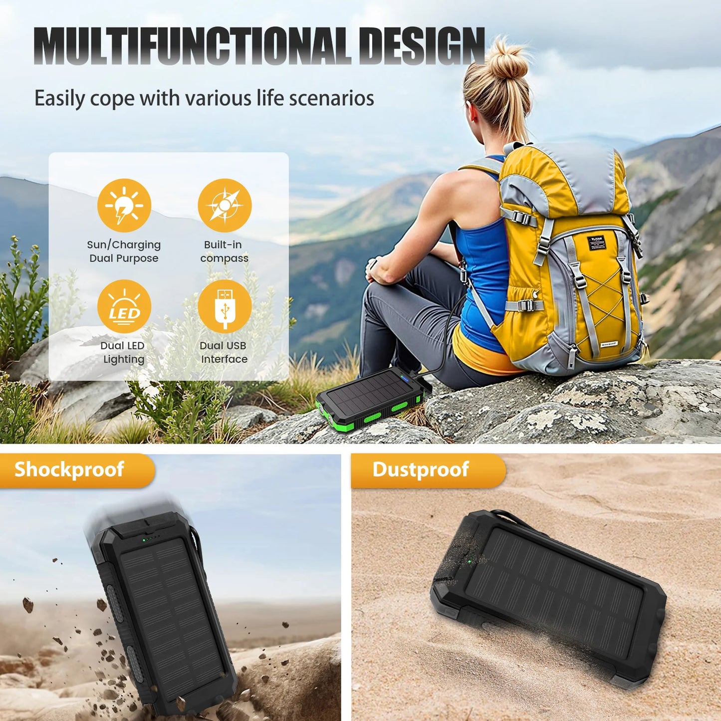 30000mAh Solar Power Bank Portable Charging Powerbank Dual 5V USB Ports 2 LED Light Flashlight for IPhones Outdoor Camping Hiking