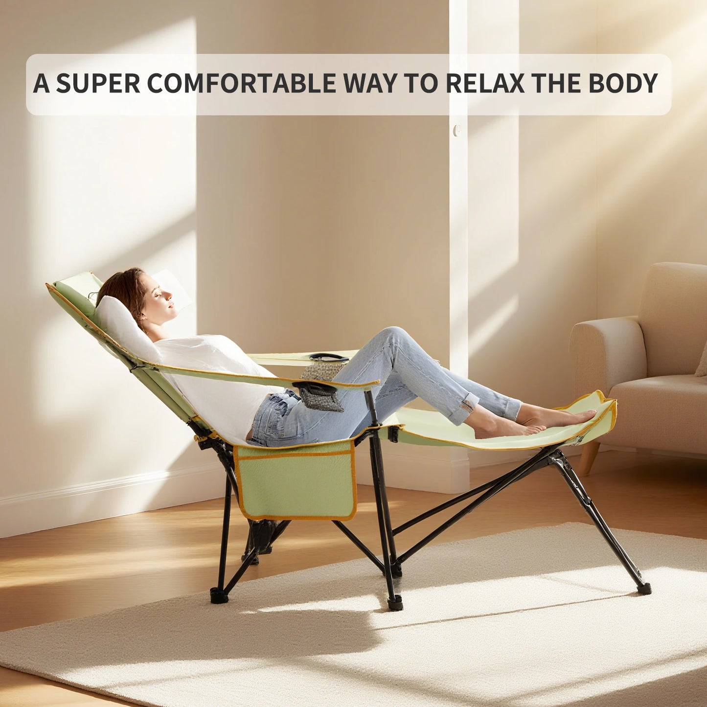 2-in-1 Reclining Camping Chair With Footrest, Foldable Outdoor Lounge Chair With Cup Holder & Headrest, Portable