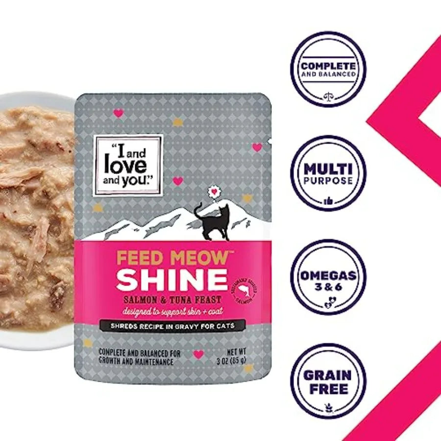Feed Meow Shine Wet Cat Food - Salmon + Tuna - Coat and Skin Support, Grain Free, Shreeded, No Fillers, 3oz Pack of 12